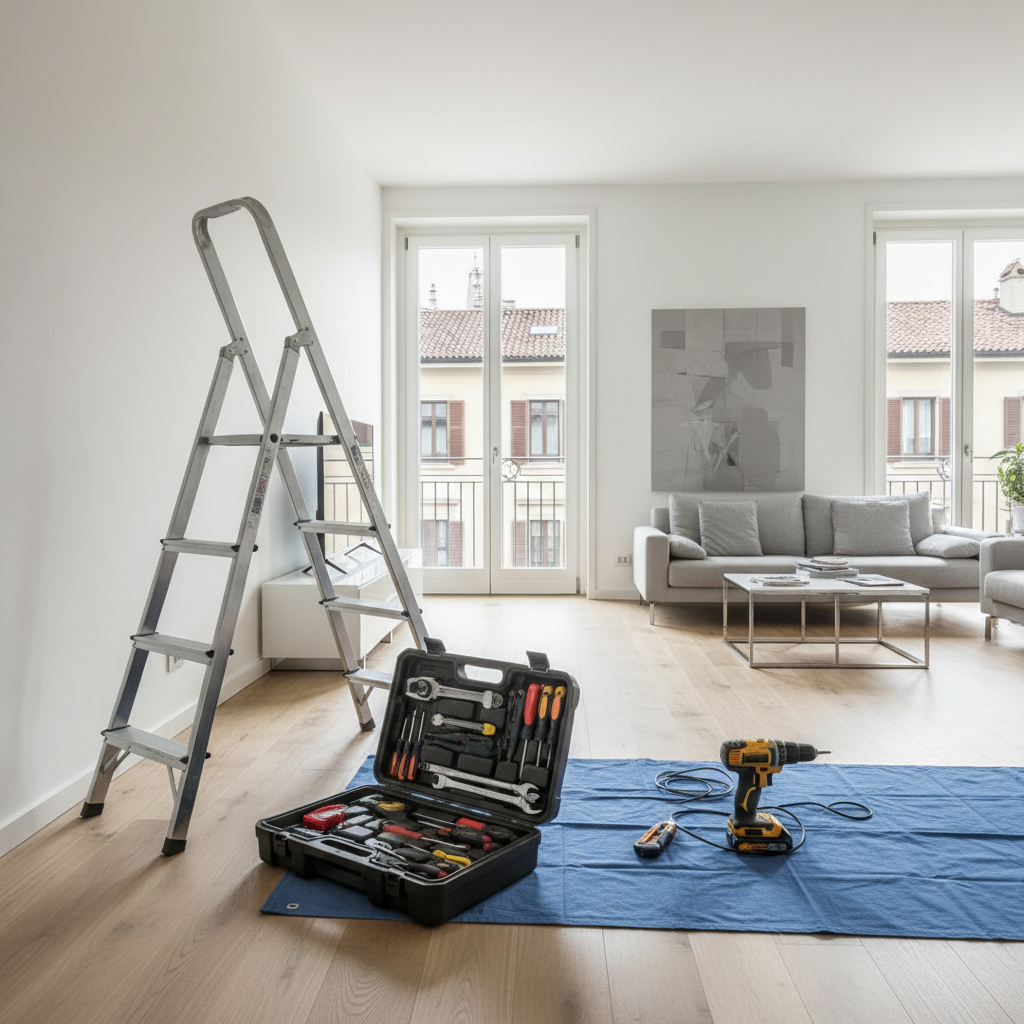 A bright, orderly interior of a modern Milanese apartment living room where a small maintenance project is in progress, with no people present. A sturdy, aluminum step ladder stands open beside a white wall, with a high-quality toolbox on the floor, its compartments displaying neatly arranged screwdrivers, precision pliers, and measuring instruments. A cordless drill rests on a protective cloth that covers part of the parquet floor. Large windows reveal hints of northern Milan buildings in soft focus. Natural daylight floods the room, creating a clean, calm atmosphere, with subtle shadows that add depth. Photographic realism, shot from a slightly elevated angle with a balanced, wide composition that conveys reliability, order, and professional care for the home environment.